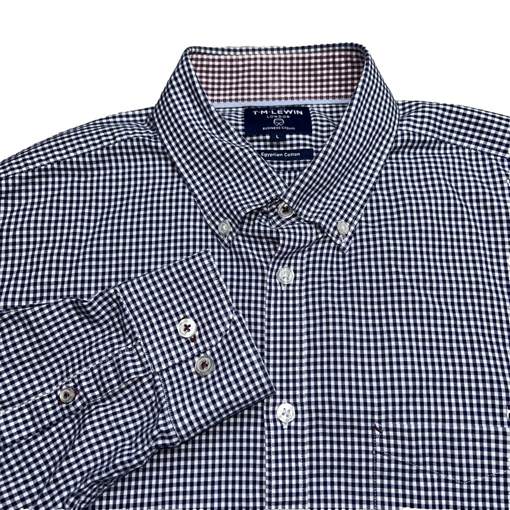 T.M. Lewin London Mens Large Blue Gingham Check Shirt Egyptian Cotton Button